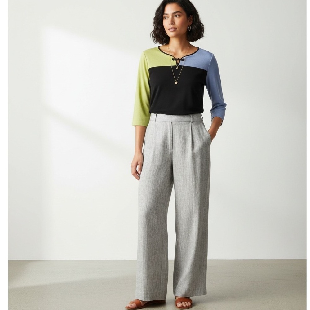 Misook Colorblock Knit Top Medium Black Blue Green 3/4 Sleeve Minimalist Retro
